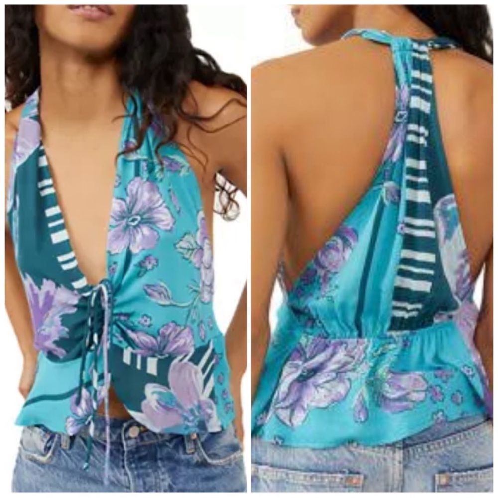 NWT Free People Hot Topic Tank Floral Ocean Blue Tropical Beachy Viscose Ruched